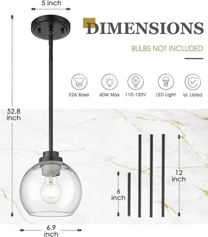 Pendant Lights Kitchen Island 2 Pack, 7" Modern Black Hanging Lights Fixtures with Clear Glass Globe Shade, Kitchen Island Lighting for Bathroom, AD-22280-1P2-BK-C
