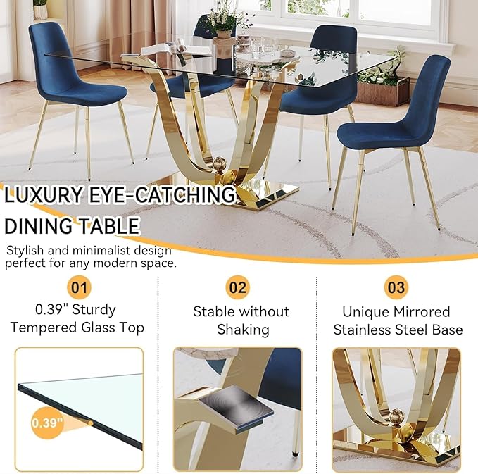 70inch Glass Dining Table for 4 6, Luxury Glass Kitchen Dining Room Table with Gold Mirrored Steel Base,Modern Large Rectangle Tempered Glass Top Dinner Tables for Kitchen, Dining Room