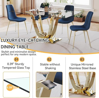 70inch Glass Dining Table for 4 6, Luxury Glass Kitchen Dining Room Table with Gold Mirrored Steel Base,Modern Large Rectangle Tempered Glass Top Dinner Tables for Kitchen, Dining Room
