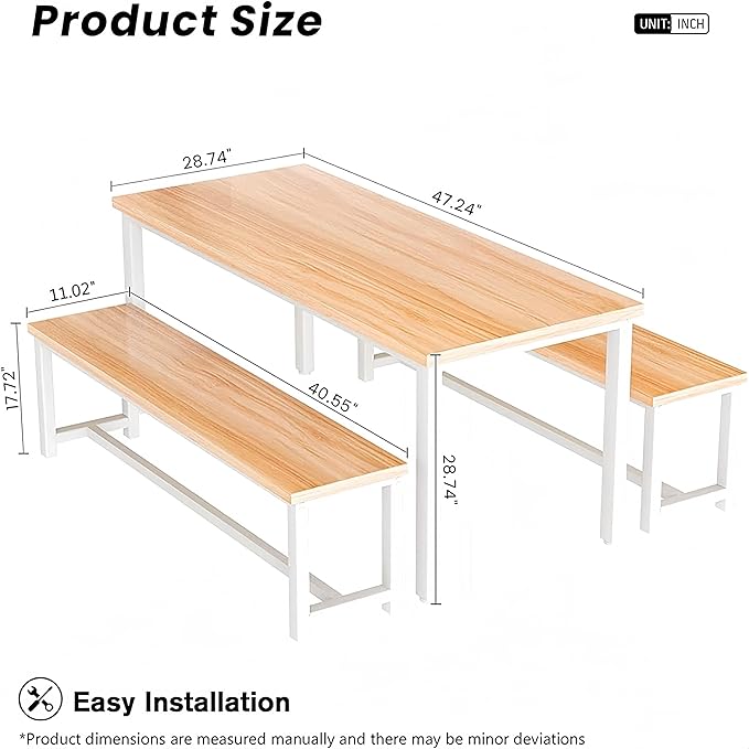 Recaceik 47” Dining Table Set for 4, 3-Piece Kitchen Table with 2 Benches, Wood Kitchen Table and Chair Set, Space-Saving Dining Room Set Dinette Set for Breakfast Nook and Small Space, Beige