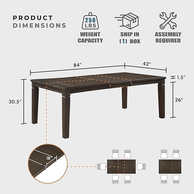 Lexicon Modern Dining Table, Expandable Wooden Kitchen Table with Removable Leaf, Space Saving, Seats for 4-6 People, for Home, Dining Room, 66 Inch-84 Inch, Dark Espresso