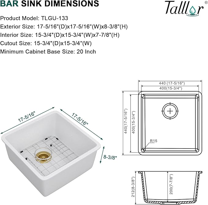 17"x17" White Undermount Bar Sink - Granite Composite Single Bowl Classic Quartz Under Counter Sink for RV, Kitchen Bar, Boat, and Outdoor #TLGU-133