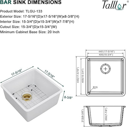 17"x17" White Undermount Bar Sink - Granite Composite Single Bowl Classic Quartz Under Counter Sink for RV, Kitchen Bar, Boat, and Outdoor #TLGU-133