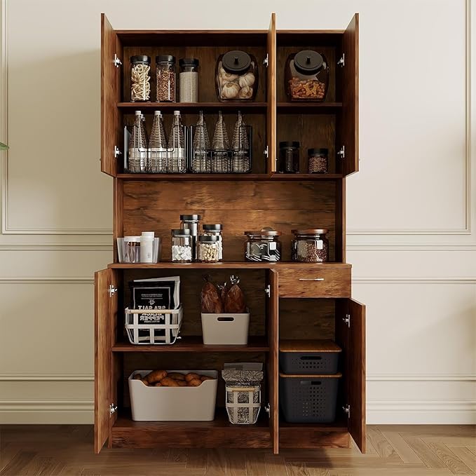 DMAITH 71" Kitchen Pantry Cabinets with Microwave Stand, 6 Doors & 3 Adjustable Shelves, Freestanding China Cabinet Hutch, Buffet Cabinet with Storage, Walnut
