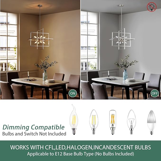 Modern Chandelier, 8-Light Geometric Ceiling Light Fixture, 22" Height Adjustable Brushed Nickel Lamp for Foyer, Stairway, Living Room
