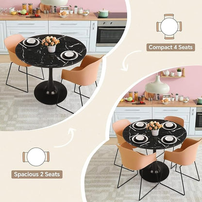 Round Dining Table 31.5" Faux Marble Black Tulip Table with Pedestal Base for 2-4 People Small Space - Kitchen Living Room Cafe