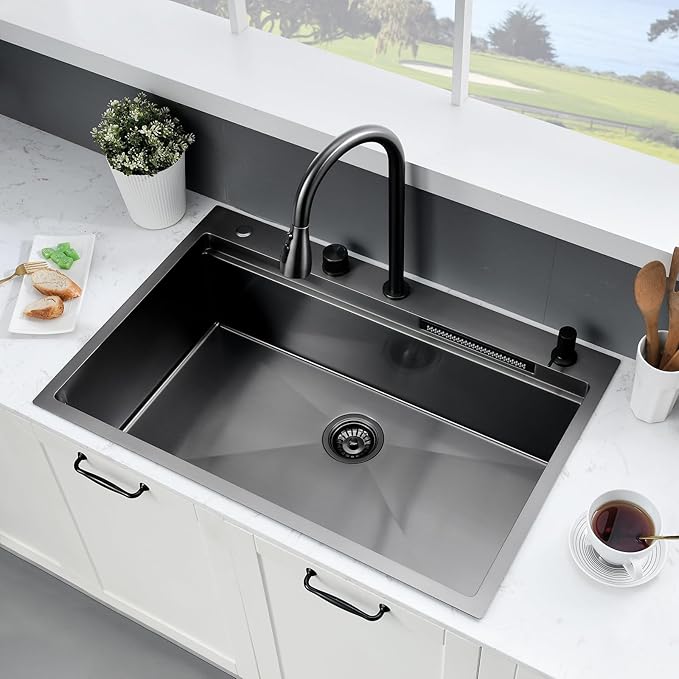 33×22 Black Waterfall Sink with Faucet Combo - 33×22 Drop In Sink with Faucet,16 Gauge Black Stainless Steel Waterfall Kitchen Sinks,10 Inch Deep Single Bowl Workstation Smart Kitchen Sinks