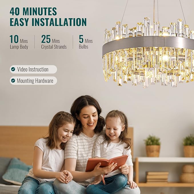 Siljoy Modern Crystal Chandeliers 12-Light Luxury Brushed Nickel K9 Crystal Raindrop Chandelier Adjustable Dimmable Crystal Ceiling Light Fixture for Dining Room Living Room Bedroom D19.7''