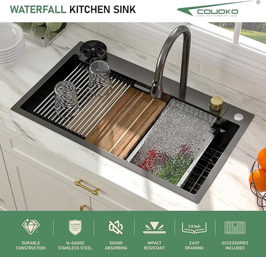 33 Inch Black Waterfall Kitchen Sink Drop In Smart Workstation Kitchen Sink 33X19 Inch 16 Guage Stainless Steel Single Bowl Multifunctional Sinks and Waterfall Faucet Combo Set with Cup Washer
