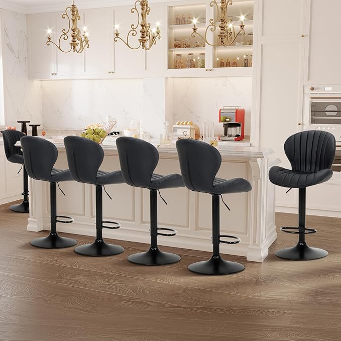 COLAMY Bar Stools Set of 3, Adjustable Modern Swivel Bar Chairs, Faux Leather Upholstered Barstools Counter Height with High Backrest for Bar, Kitchen Island, Dining Room, Black