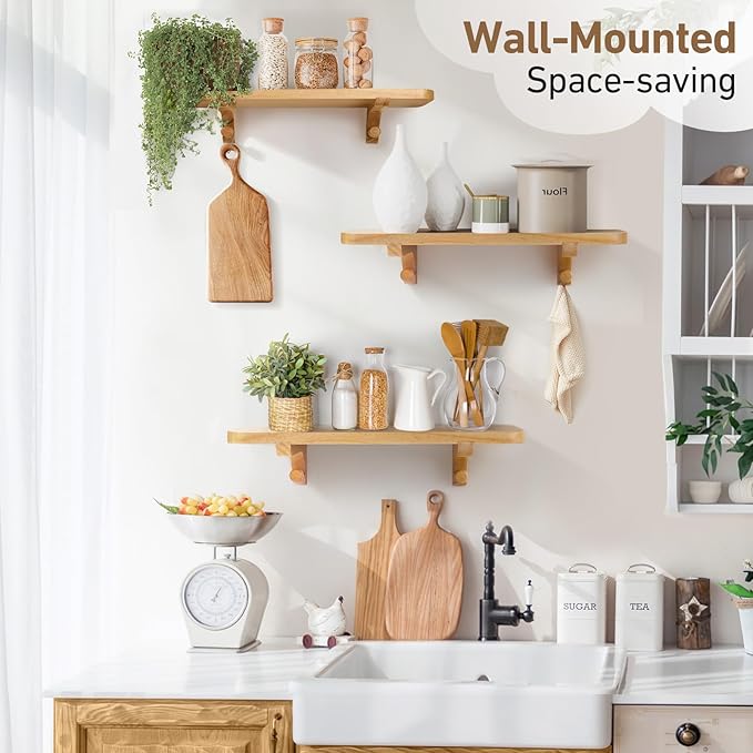 Wooden Floating Shelves for Wall, 15.7" W x 6" D x 0.6" H Large Wall Shelves, Hanging Storage Shelf with Hooks for Living Room, Kitchen, Bathroom, Bedroom Decor, Natural, 3 Packs