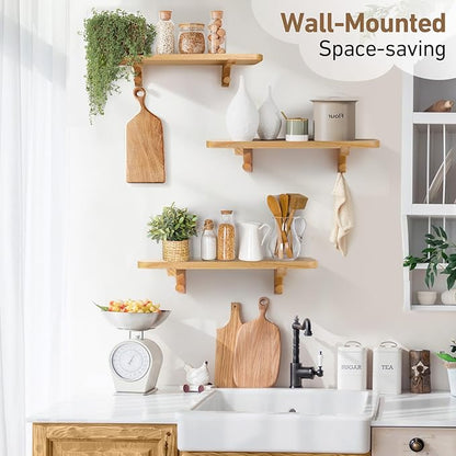 Wooden Floating Shelves for Wall, 15.7" W x 6" D x 0.6" H Large Wall Shelves, Hanging Storage Shelf with Hooks for Living Room, Kitchen, Bathroom, Bedroom Decor, Natural, 3 Packs