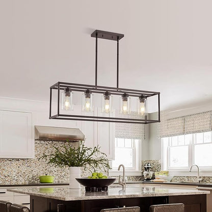 5 Light Oil Rubbed Bronze Dining Room Light Fixture Modern Farmhouse Chandelier Over Table Rectangle Kitchen Island Pendant Lighting Linear Chandelier Living Room Hanging Light Adjustable Height
