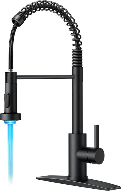 FORIOUS LED Kitchen Faucet with Pull Down Sprayer Black, Modern Single Handle Stainless Steel Commercial Spring Sink Faucet with LED Light for Pot Filler, Farmhouse Camper Bar Laundry Room