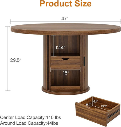 IDEALHOUSE 47" Round Dining Table for 4-6, Modern Farmhouse Kitchen Table with 2-Layer Storage Shelf & Drawer, Wooden Circle Dining Tables with Fluted Pedestal Base, Walnut