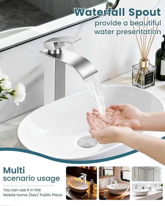 LIFG Brushed Nickel Vessel Sink Faucet, Tall Waterfall Bathroom Faucet, Single Handle One Hole Mixer Bowl Tap with Large Rectangular Spout, Bar Sink Faucet Lavatory Vanity