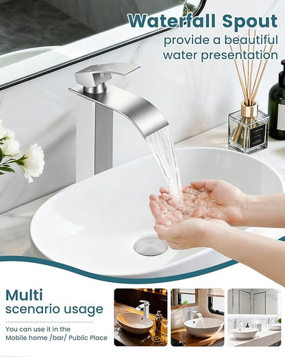 LIFG Brushed Nickel Vessel Sink Faucet, Tall Waterfall Bathroom Faucet, Single Handle One Hole Mixer Bowl Tap with Large Rectangular Spout, Bar Sink Faucet Lavatory Vanity