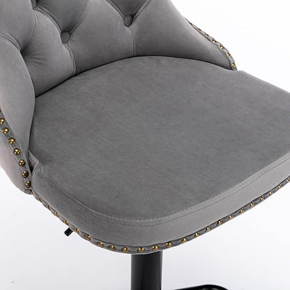 Rhomtree Velvet Swivel Bar Stools Upholstered Bar Stool with Button Tufted Back and Pull Ring Height Adjustable Barstools 25-33 Inch for Home Pub and Kitchen Island (Gray with Black Base, Set of 4)