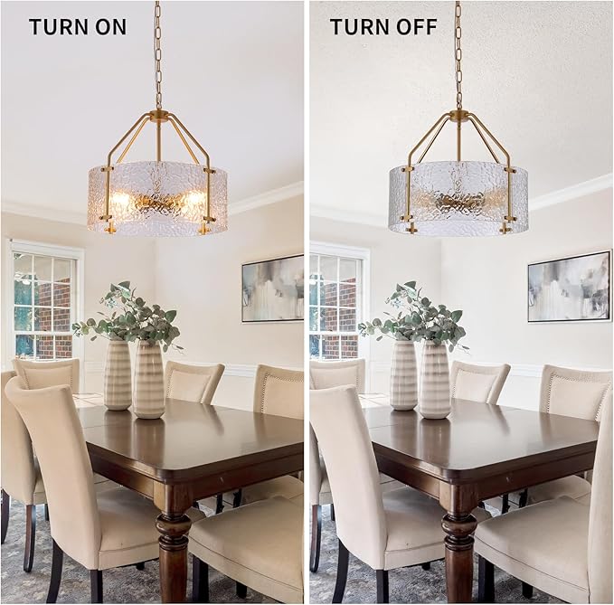 Glass Drum Gold Chandelier for Dining Room 18'' Entryway Light Fixture 4-Light Kitchen Chandeliers Over Table Bedroom Light Fixture for Living Room Hallway Foyer Kitchen