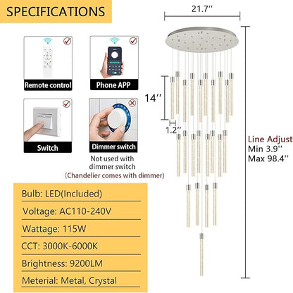 23-Light Long Large Modern Led Crystal Chandeliers Modern Spiral Chandeliers High Ceilings Chandelier for Staircase Foyer Chrome