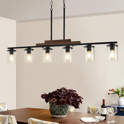 Dining Room Light Fixture Over Table, Farmhouse 6-Light Kitchen Island Lighting, Linear Black Chandelier with Clear Glass Shades, Modern Rustic Wood Pendant Kitchen Lights, with Adjustable Height