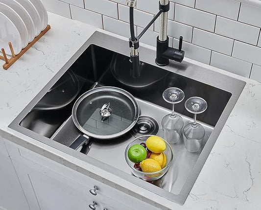 VAPSINT 25x22 Inch Black Drop In Kitchen Sink, 25 x 22 Inch Top Mount 16 Gauge Stainless Steel Single Bowl Deep Small Kitchen Sink, RV Laundry Utility Sinks with Basket Strainer