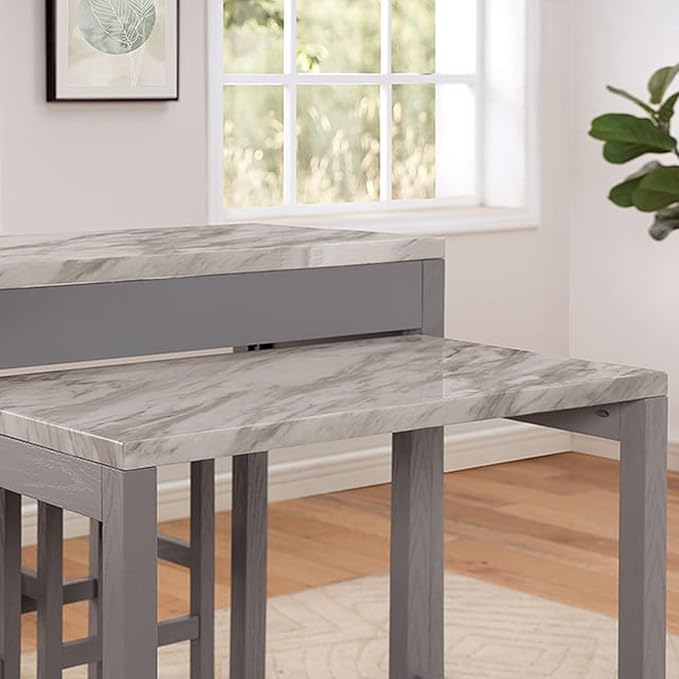 espidoo Kitchen Island with Stools & Storage: Expandable Faux Marble Top on Casters - Farmhouse Style Dining Set for Small Spaces & Family Gatherings