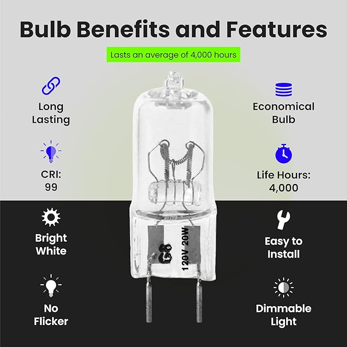 Feit Electric 20-Watt Xenon Halogen Light Bulb, Dimmable, 3000K Bright White, G8 Bi-Pin Base, 170 Lumens, 90+ CRI, Cool & Long-Lasting for Under Cabinet, Accent, Display, & Task Lighting, 3-Pack