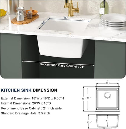 Lordear 18 Inch White Kitchen Sink Granite Composite Undermount Bar Workstation 18x18 White Quartz Sinks Under Counter Single Bowl with Classic Gold Accessories