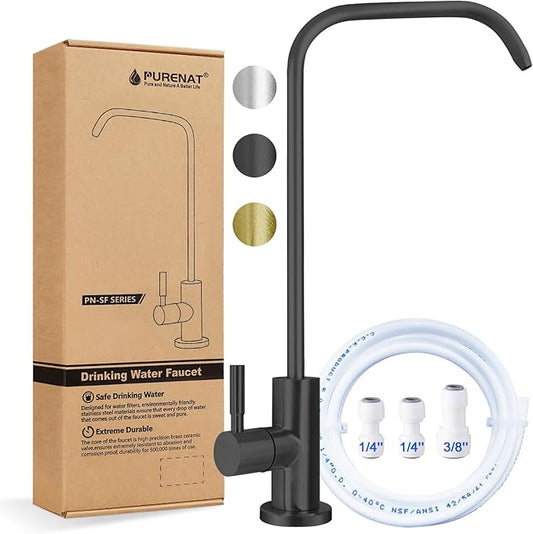Drinking Water Faucet - Long Thread Stem Filtered Water Tap for Thick Countertop,Lead-Free RO Faucet with Hose and Push Connect Fittings(Matte Black - "7" Shape)