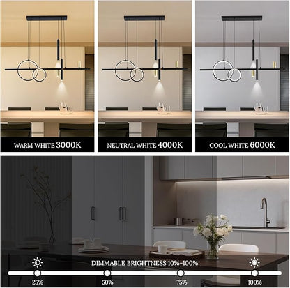 Modern Black LED Dining Room Light Fixture with Remote Control, 47" 36W 3-Color Temp Stepless Dimmable Island Pendant Lights, Hanging Adjustable Linear Chandelier for Kitchen Bar