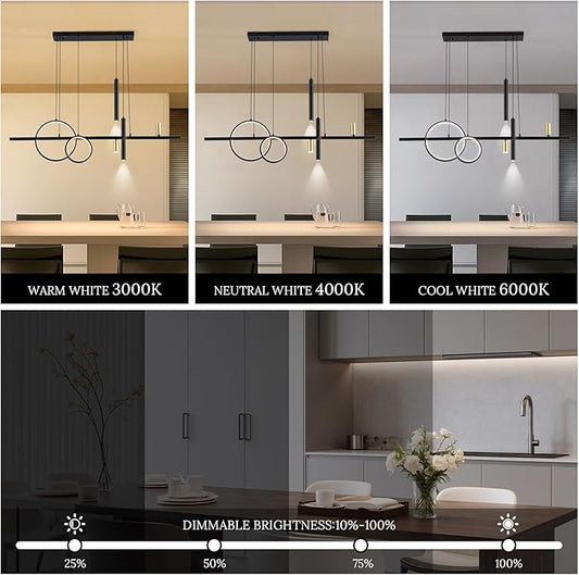 Modern Black LED Dining Room Light Fixture with Remote Control, 47" 36W 3-Color Temp Stepless Dimmable Island Pendant Lights, Hanging Adjustable Linear Chandelier for Kitchen Bar