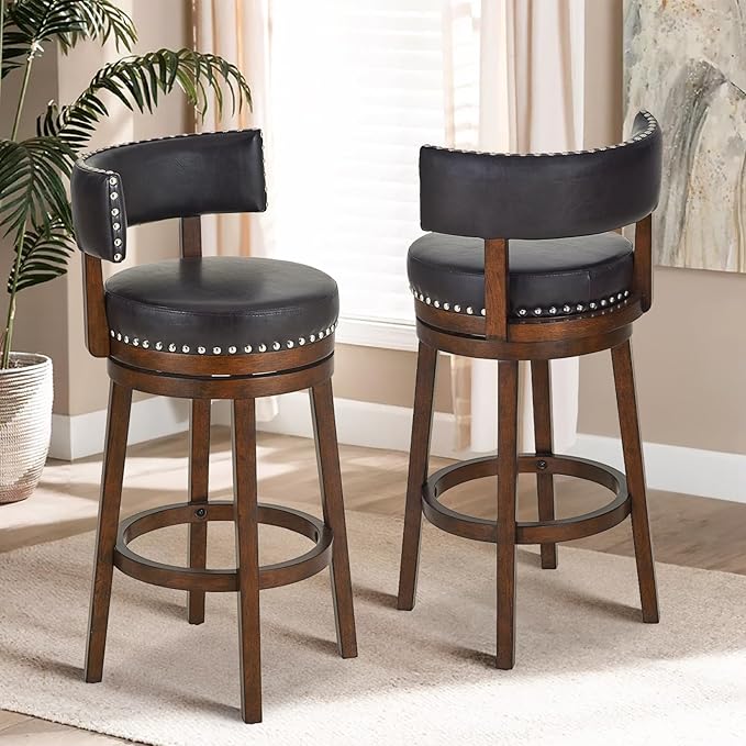COLAMY Swivel Bar Stools Set of 2, 30 Inch Swivel Bar Height Bar Chairs, Modern Upholstered Wood Barstools with Back for Kitchen Island Dining Room, Dark Brown