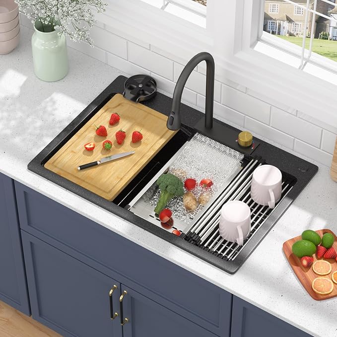 33 Inch Drop-In Kitchen Sink - Beslend 33x22 Black Granite Composite Drop In Workstation Sink Topmount Sinks with Integrated Waterfall Faucet & Glass Rinser - Non-Splash, Easy Clean
