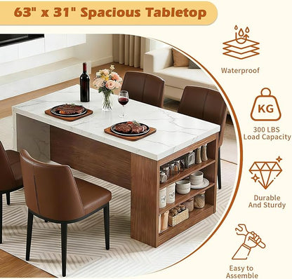 Large Island Table for Kitchen with Charging Station, Faux Marble Wooden Dining Table for 4-6 People, Modern Luxury Kitchen Island with LED Lights & Storage Space(61"x31"x35.4")