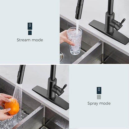 FORIOUS Black Kitchen Faucet with Soap Dispenser, High Arc Modern Sink Faucet with Pull Down Sprayer and Deck Plate, Stainless Steel Fit for 1 or 3 Hole for Pot Filler Bar Farmhouse Laundry Rv