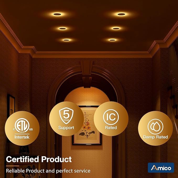 Amico 1 Pack 3 Inch 5CCT Ultra-Thin LED Recessed Ceiling Light with Junction Box, 2700K/3000K/3500K/4000K/5000K Selectable, 7W Eqv 60W, Dimmable Canless Wafer Downlight, 500LM High Brightness -ETL