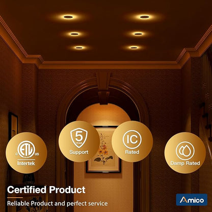 Amico 1 Pack 3 Inch 5CCT Ultra-Thin LED Recessed Ceiling Light with Junction Box, 2700K/3000K/3500K/4000K/5000K Selectable, 7W Eqv 60W, Dimmable Canless Wafer Downlight, 500LM High Brightness -ETL