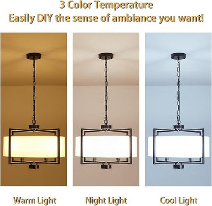 19.7" Drum Pendant Light Fixture, 4 Light Drum Chandelier with Wihte Fabric Lampshade, Farmhouse Kitchen Island Chandeliers over Table Black Hanging Lights Fixture for Dining Room Bedroom Living Room