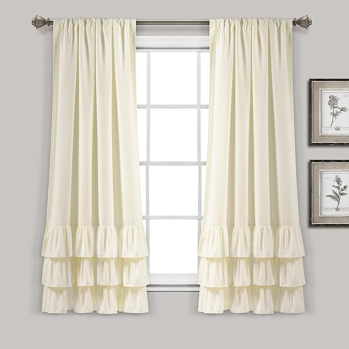 Lush Decor Allison Ruffle Light Filtering Window Curtain Panels Pair 40" W x 63" L Ivory - Coquette Curtains for Bedroom - Drapes - Ruffle Curtains Kids