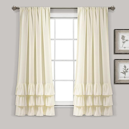Lush Decor Allison Ruffle Light Filtering Window Curtain Panels Pair 40" W x 63" L Ivory - Coquette Curtains for Bedroom - Drapes - Ruffle Curtains Kids