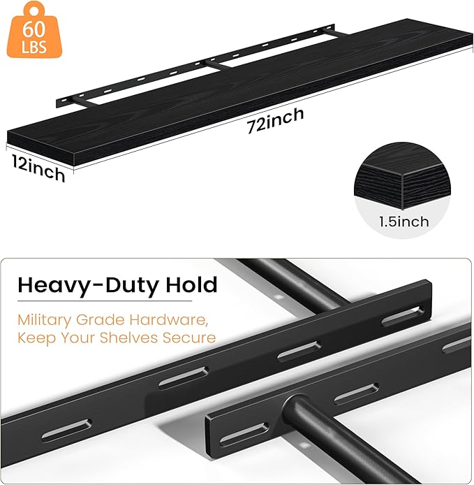 Fun Memories 72 Inch Floating Shelves, 12 Inch Deep Wall Shelf for Fireplace Mantel, Black Deep Storage Shelves for Home & Office, Long Floating Shelf with Invisible Bracket, Set of 2