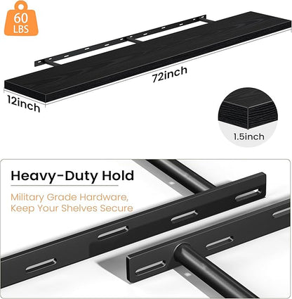 Fun Memories 72 Inch Floating Shelves, 12 Inch Deep Wall Shelf for Fireplace Mantel, Black Deep Storage Shelves for Home & Office, Long Floating Shelf with Invisible Bracket, Set of 2