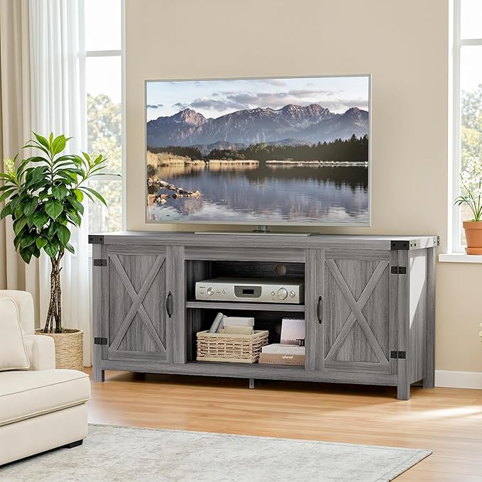 YESHOMY Modern Farmhouse TV Stand with Two Barn Doors and Storage Cabinets for Televisions up to 65+ Inch,Entertainment Center Console Table,Media Furniture for Living Room,Rustic Gray