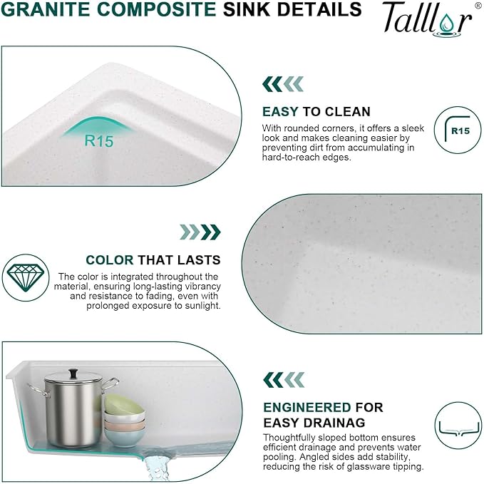 30 Inch Granite Composite Kitchen Sink - 30"x19" White Undermount Granite Kitchen Sink, Classic Quartz Single Bowl Workstation All-In One Sinks Basin for Modern Kitchens #TLGU-105