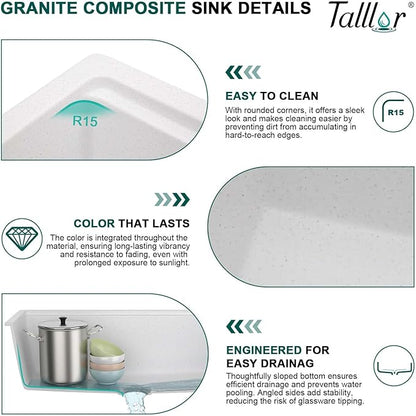 30 Inch Granite Composite Kitchen Sink - 30"x19" White Undermount Granite Kitchen Sink, Classic Quartz Single Bowl Workstation All-In One Sinks Basin for Modern Kitchens #TLGU-105