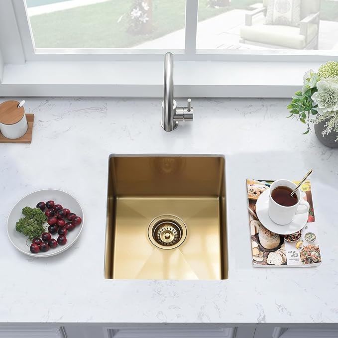 14 Inch Gold Bar Sink Undermount,14x19 Gold Bar Sink Undermount Small Stainless Steel Kitchen Sinks 18 Gauge Single Bowl Kitchen Prep Sinks with Drain Strainer