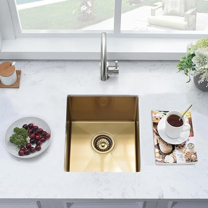14 Inch Gold Bar Sink Undermount,14x19 Gold Bar Sink Undermount Small Stainless Steel Kitchen Sinks 18 Gauge Single Bowl Kitchen Prep Sinks with Drain Strainer
