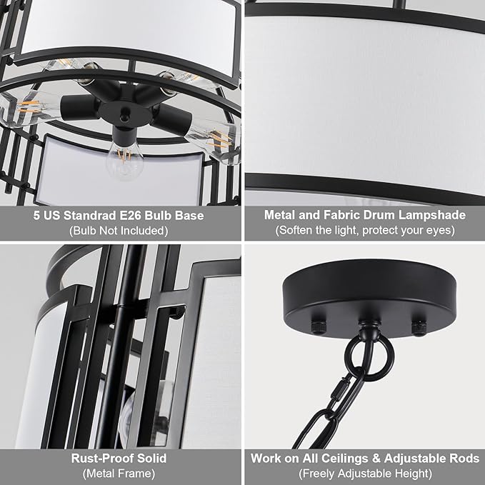 20'' Black Drum Chandeliers, 5Lights Black and White Drum Chandelier Modern Industrial Pendant Light Fixture, Adjustable Fabric Chandelier for Dining Room Kitchen Island Living Room Foyer E26