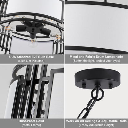 20'' Black Drum Chandeliers, 5Lights Black and White Drum Chandelier Modern Industrial Pendant Light Fixture, Adjustable Fabric Chandelier for Dining Room Kitchen Island Living Room Foyer E26